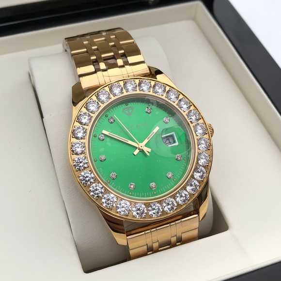 NEW IN BOX 18k Gold Watch with Green CZ Bezel - Picture 4 of 8